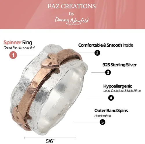 Vista 3 de Paz Creations - Anillo giratorio de plata de ley 925 para mujer, estilo bohemio, con banda resistente, joyería artesanal hecha a mano, lista