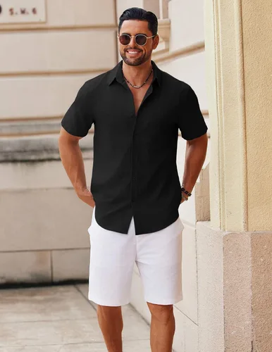 Vista 2 de COOFANDY Camisa de manga corta con botones para hombre, casual, de algodón, para verano, playa, lino, para boda, con bolsillo