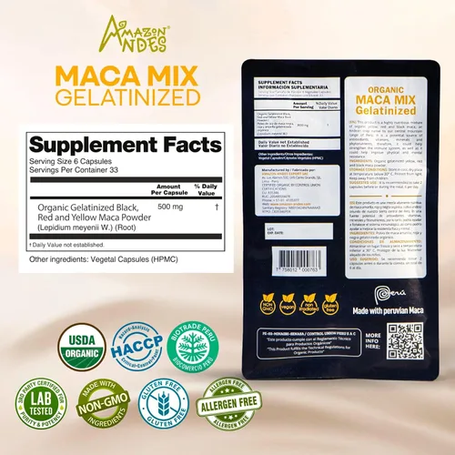 Vista 2 de Cápsulas de maca negra, roja y amarilla premium l 3000 mg que sirven para mayores niveles de energía y rendimiento físico l Potente antioxidante