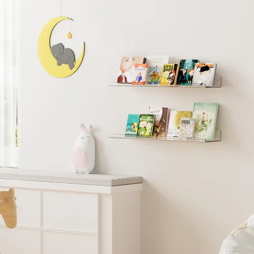 Vista 2 de upsimples Paquete de 2 estantes acrílicos de 23.6 x 5.5 pulgadas para almacenamiento en la pared, estantes flotantes de libros para niños
