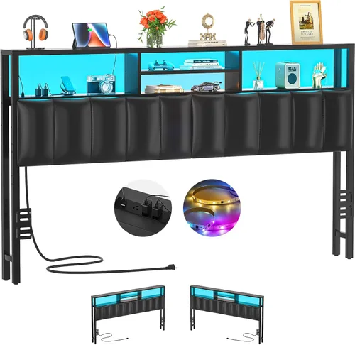Vista 21 de Cabecero Aheaplus para Cama Individual con Almacenamiento, Cabeceros con Enchufes, Puertos USB y Luz LED, Cabecero Individual Solo, Altura