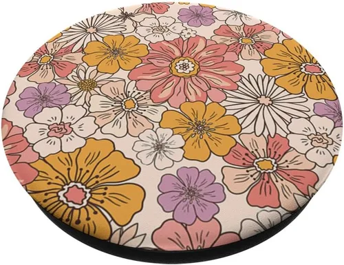 Vista 2 de PopSockets PopSockets Estándar PopGrip de los años 70 con diseño de flores retro, color durazno, naranja y rosa