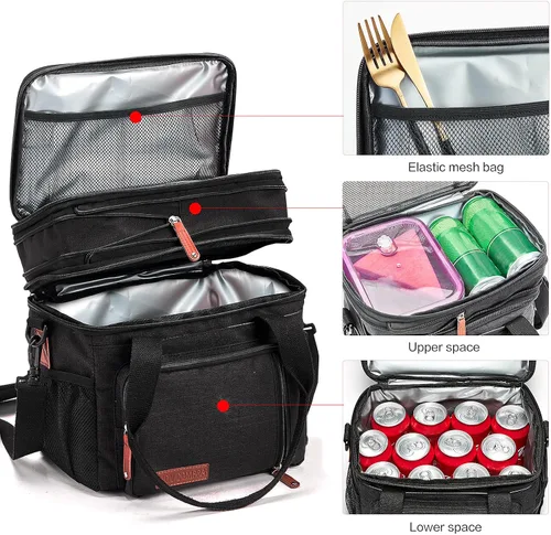 Vista 2 de MOV COMPRA Bolsas de almuerzo para hombres y mujeres, lonchera negra para adultos, para el trabajo, ampliable, a prueba de fugas, doble cubierta