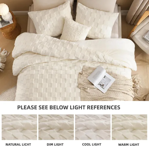 Vista 6 de Litanika - Juego de edredón esponjoso tamaño individual color beige, 3 piezas, ropa de cama de sherpa de felpa cálida para invierno, juego de cama