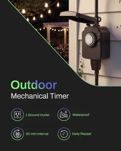 Vista 2 de BN-LINK Temporizador de luz mecánico para exteriores de 24 horas, impermeable, resistente, 15 A 1/2 HP, 1 toma de temporizador con conexión a tierra