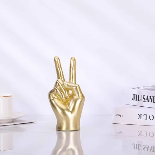Vista 3 de LCCCK Escultura de mano dorada para decoración de signo de paz, estatua de mano de gesto genial para estantes, regalo extraño escultura funky