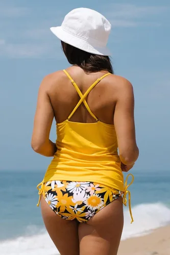 Vista 6 de Beachsissi Traje de baño de dos piezas con control de abdomen para mujer, con cordón lateral, estampado de flores