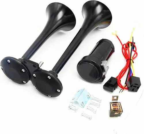 Vista 10 de Bocina de aire de 12 V 150 DB Bocina de coche 17.7 in Altavoz de coche Negro Cromo Zinc Trompeta simple Bocina súper fuerte con bomba de aire Bocina