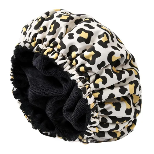Vista 12 de Gorro de ducha para mujer, gorro de baño negro, reversible, grande, impermeable, ajustable, forro de rizo y banda elástica, dobladillo elástico