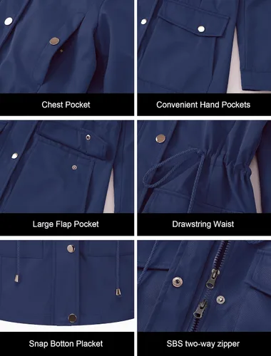 Vista 6 de CREATMO US Gabardina larga cortavientos para mujer, talla grande, resistente al agua, con capucha reflectante extraíble