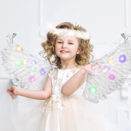 Vista 2 de Toulite 4 piezas de alas de ángel con luz LED y diadema con luces LED blancas, alas de disfraz para adultos, mujeres, niños, Halloween, Navidad