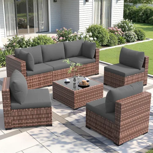 Vista 15 de Amopatio Juego de muebles de patio de 7 piezas, seccionales para exteriores, beige Negro/Beige