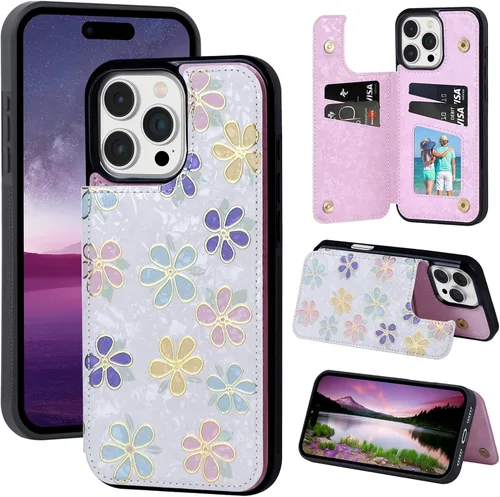 Vista 74 de UEEBAI Funda tipo cartera para iPhone 13 con tarjeteros, piel sintética, diseño floral, función atril, bloqueo RFID, doble cierre magnético, funda