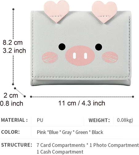 Vista 3 de Cartera de piel sintética con patrón de cerdo lindo para mujeres y niñas, cartera delgada de piel sintética, cartera pequeña de dibujos animados