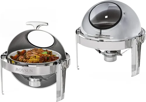 Vista 9 de ROVSUN Juego de bufé de platos de roce con tapa enrollable, 6 cuartos de galón de acero inoxidable redondo para catering, servidores de buffet