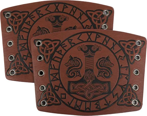 Vista 2 de HiiFeuer Brazalete de brazo vikingo, con símbolo nórdico en relieve, armadura de brazo de piel sintética, pulsera de brazo medieval de piel