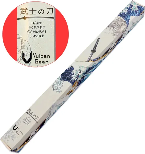 Vista 6 de Vulcan Gear Espada samurái katana japonesa de hoja negra sagrada hecha a mano con soporte de espada de madera y vaina