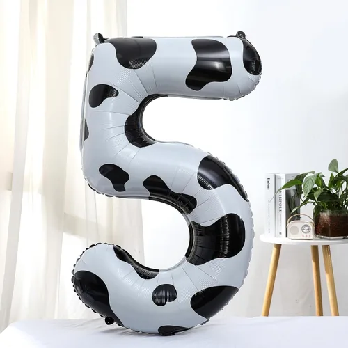 Vista 2 de Globo con estampado de vaca, decoración de fiesta de vaquera espacial de discoteca Globo número 5 para cumpleaños de 5.º cumpleaños, suministros