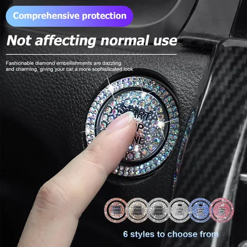 Vista 3 de BELOMI Anillo decorativo para botón de arranque y parada del motor de automóvil, 2 unidades, calcomanías protectoras para botón de arranque