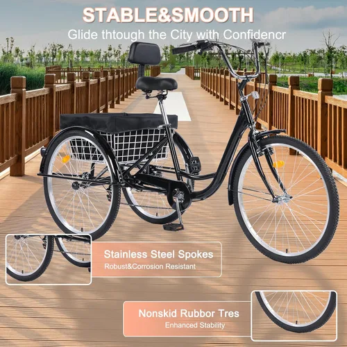 Vista 6 de Triciclo para adultos de 26 pulgadas, bicicletas de 7 velocidades y 3 ruedas, asiento grande con respaldo, triciclo para adultos con cestas