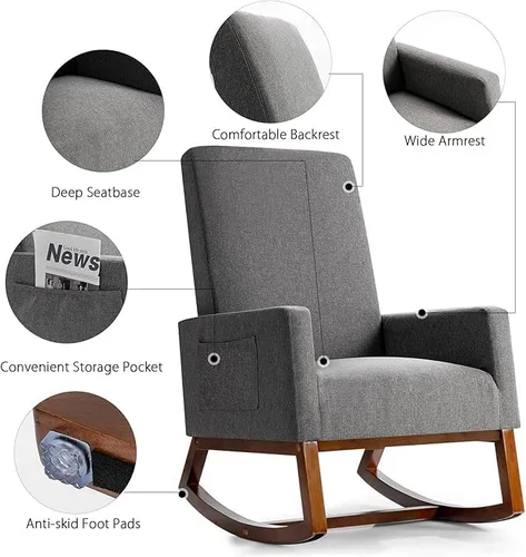 Vista 3 de MEDIMALL Cómoda mecedora, sillón moderno de tela con base de madera, bolsillo lateral, asiento acolchado de lino, adecuado para sala de estar