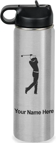 Vista 49 de LaserGram Botella de agua personalizada, golfista de golf, acero inoxidable de doble pared aislada al vacío con popote superior, regalo grabado Negro