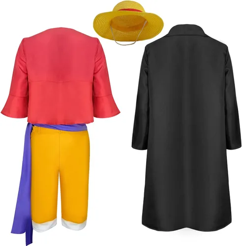 Vista 2 de SPORTBANG Disfraz de Luffy para adultos, chaleco de camisa roja con sombrero de paja, disfraz de pirata para Halloween, cosplay para hombres