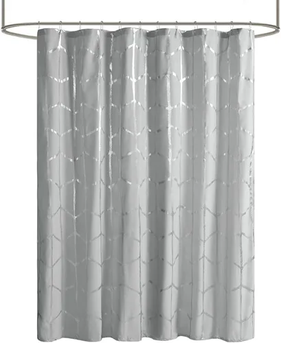 Vista 3 de Intelligent Design - Cortina de ducha Raina, estampado geométrico, lavable a máquina, moderna, para el cuarto de baño, estilo metalizado Gris