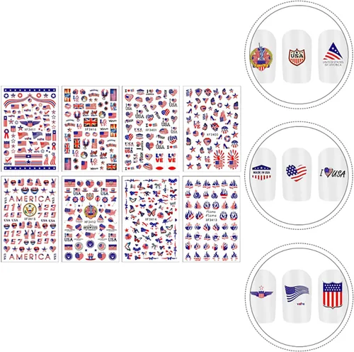 Vista 3 de RIICFDD 8 hojas de calcomanías para uñas del 4 de julio, autoadhesivas 3D de bandera de Estados Unidos para arte de uñas, calcomanías del día