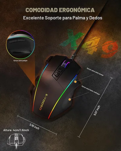 Vista 8 de Ratón para juegos de computadora con cable X49, llave de fuego rápido