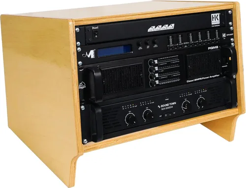 Vista 13 de Sound Town Estante de estudio de torreta de escritorio en ángulo de 4U con madera contrachapada maciza de abedul báltico, roble dorado, requiere
