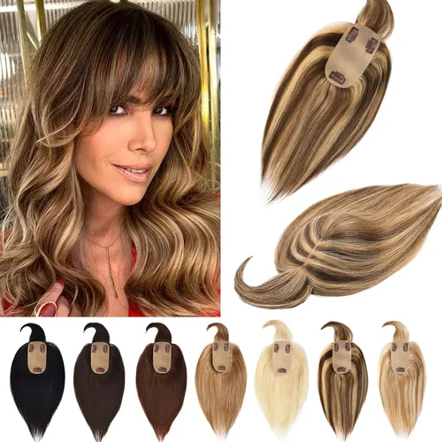 Vista 22 de Toppers de cabello humano real para mujeres con cabello delgado, 6 pulgadas, marrón oscuro