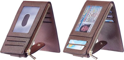 Vista 2 de Chelmon Billetera delgada para mujer, con bloqueo RFID, plegable, con bolsillo con cremallera, Marrón intenso, Minimalista