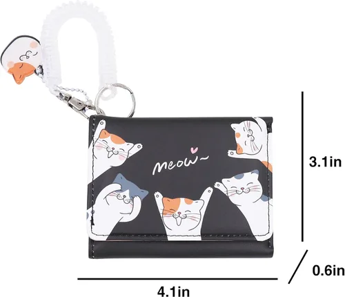 Vista 3 de Eilova Orityle Bonita cartera de gato para niñas y adolescentes, niños y mujeres, delgada de tres pliegues, tarjetero organizador con colgante