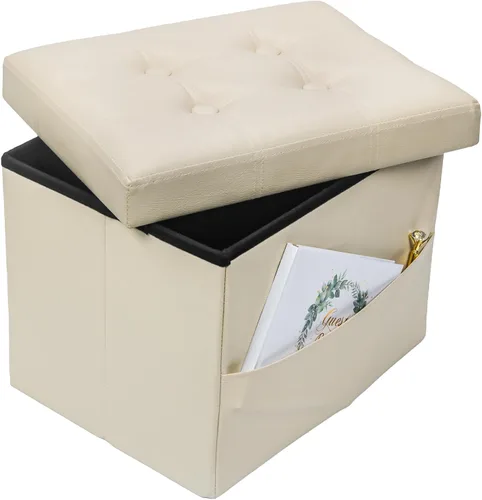 Vista 19 de Bsketa Otomana de Almacenamiento, Taburete Plegable con Asiento Acolchado de Espuma Más Gruesa, Otomana Pequeña de Cuero para Almacenamiento, Banco