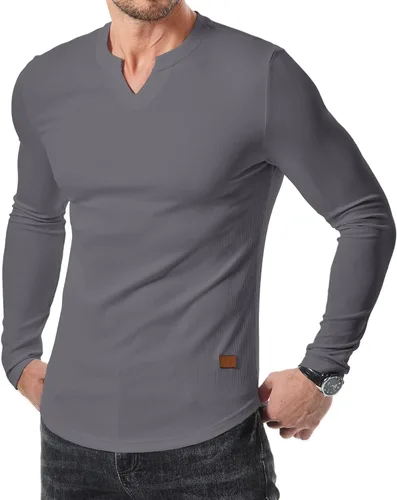 Vista 31 de JMIERR Camisetas de manga larga para hombre, estilo casual, cuello en V Negro+Blanco