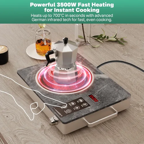 Vista 4 de 3500W Single Ceramic Hob with Marble Finish, Portable Infrared Hot Plate with Rotary Control, Safety Lock & Timer, Electric Cooker Compatible with