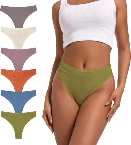 Vista 9 de Tanga de algodón acanalado transpirable sin costuras de cintura alta para mujer, ropa interior de talla grande 2 negro/2 verde/2 vino tinto