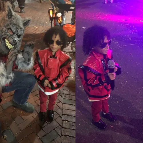 Vista 4 de Michael Punk - Chaqueta para niños, chaqueta para niños, disfraz de regalo para fiesta de perfromance zombi, imitación cumpleaños (rojo, 5T), Rojo