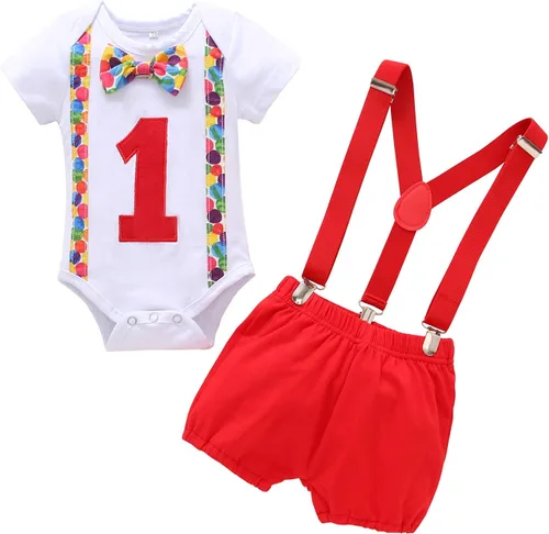 Vista 37 de IDOPIP Traje formal para bebé niño para el primer cumpleaños de Cake Smash con corbatín y tirantes y pantalones cortos para sesión de fotos