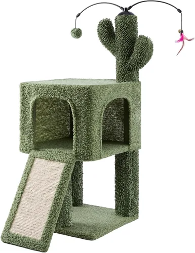 Vista 10 de ROYPET Árbol para gatos con condominio para gatos y dos hamacas, torre para gatos con postes rascadores y almohadillas para rascar, color beige