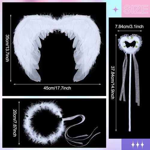Vista 4 de Eurzom Juego de 4 piezas de disfraz de ángel para niñas, vestido blanco, alas de plumas de ángel, halo de ángel y varita para niños, fiesta