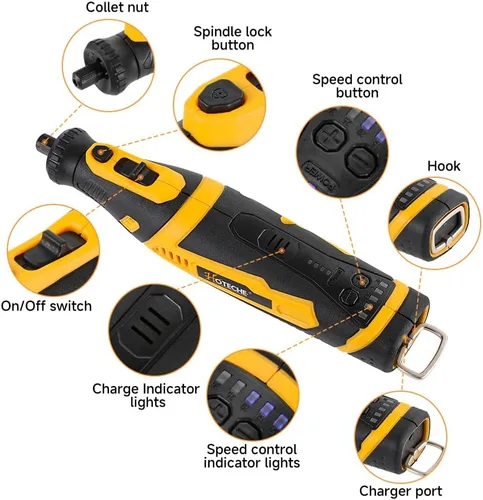 Vista 2 de Hoteche Mini kit de herramientas rotativas inalámbricas, batería de iones de litio de 5 velocidades de 8 V con 42 accesorios, herramienta giratoria