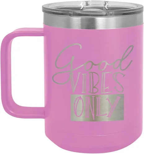 Vista 8 de Good VIBES SOLO Taza de café de 15 oz con tapa superior deslizante Taza de café de viaje aislado Ideas de regalo de cumpleaños o Navidad de Negro