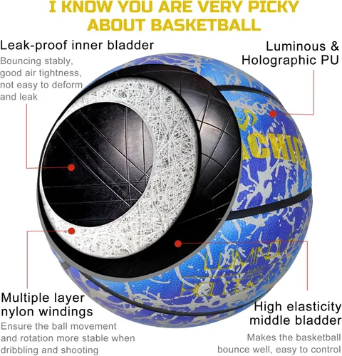 Vista 3 de Balón de baloncesto holográfico que brilla en la oscuridad, tamaño oficial 7, para interiores y exteriores, luminoso, de cuero, 29.5 pulgadas