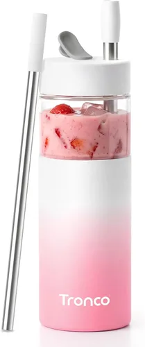 Vista 10 de Tronco Vaso de vidrio de 24 onzas con tapa y popote, taza de café helado, taza de batido con tapa de silicona para té Boba, hogar, oficina, viajes