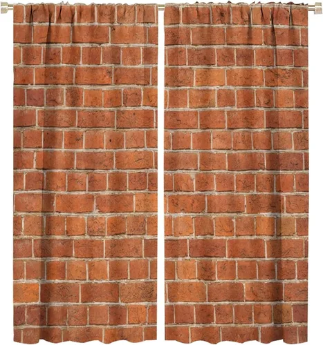 Vista 13 de Cortinas opacas para pared de ladrillo, rústicas, para pared de ladrillo, naranja y rojo, impresión artística para sala de estar, dormitorio