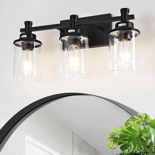 Vista 10 de Accesorios de Luz de Baño de 3 Luces, Accesorio de Luz de Tocador Negro y Dorado Cepillado Sobre Espejo, Apliques de Pared Modernos Iluminación