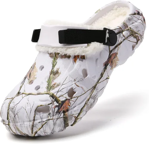 Vista 8 de SECHRITE Zuecos con forro de piel para hombre, pantuflas de invierno mullidas de ancho ancho con plantilla acolchada, zapatos cálidos para casa