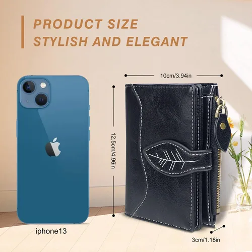 Vista 4 de CONISY Cartera pequeña para mujer, billetera compacta de cuero plegable con pulsera RFID bloqueo para mujer (negro)